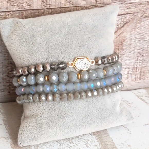 New Gray Crystal Beaded Bracelets Boho Multi Layer Stretch Natural Gemstone - Picture 7 of 12